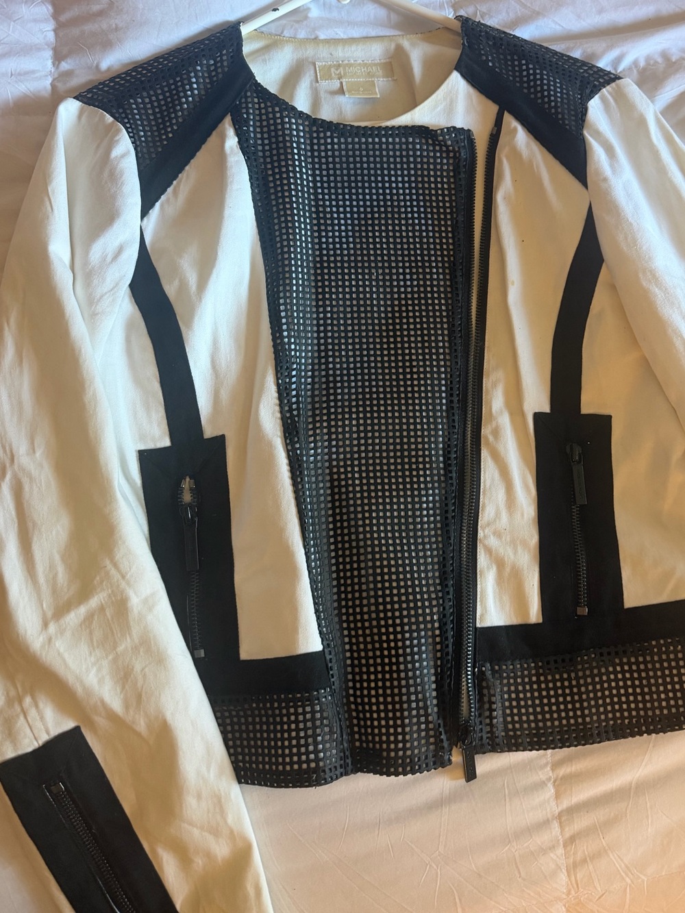 Michael Kors White Zip Cotton Moto Jacket with Black Lattice Leather Detail
